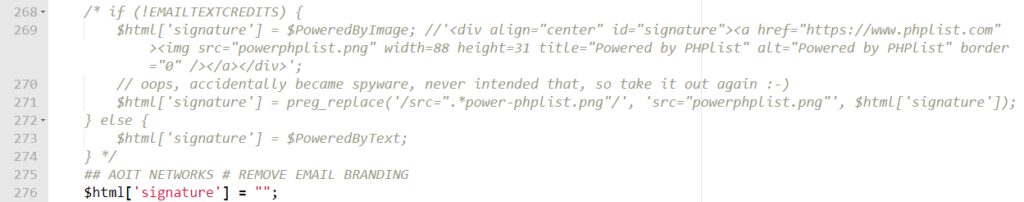 phpList HTML signature code with the Powered By branding removed