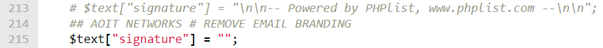phpList text signature code before and after removing the Powered By branding